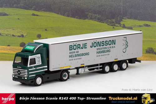 Herpa 314039 Borje Jonsson Scania R143 Topline Streamline trekker schuifzeil borden oplegger