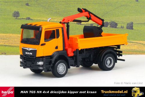 Herpa 314671 MAN TGS NN 4x4 Driezijden kipper met kraan